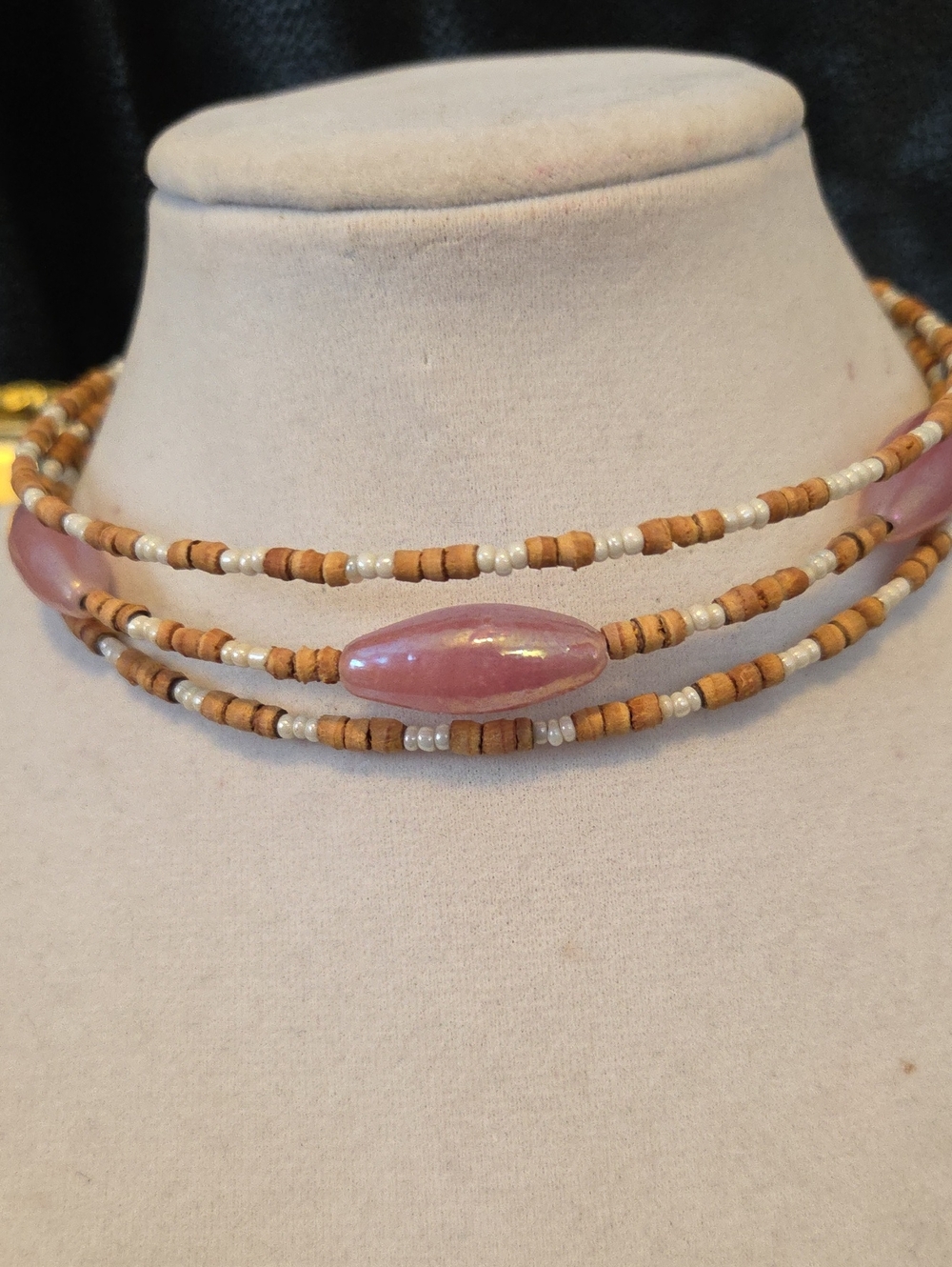 Pink Bead With Natural And Pearl Beads Multi-Strand Wire Choker Necklace